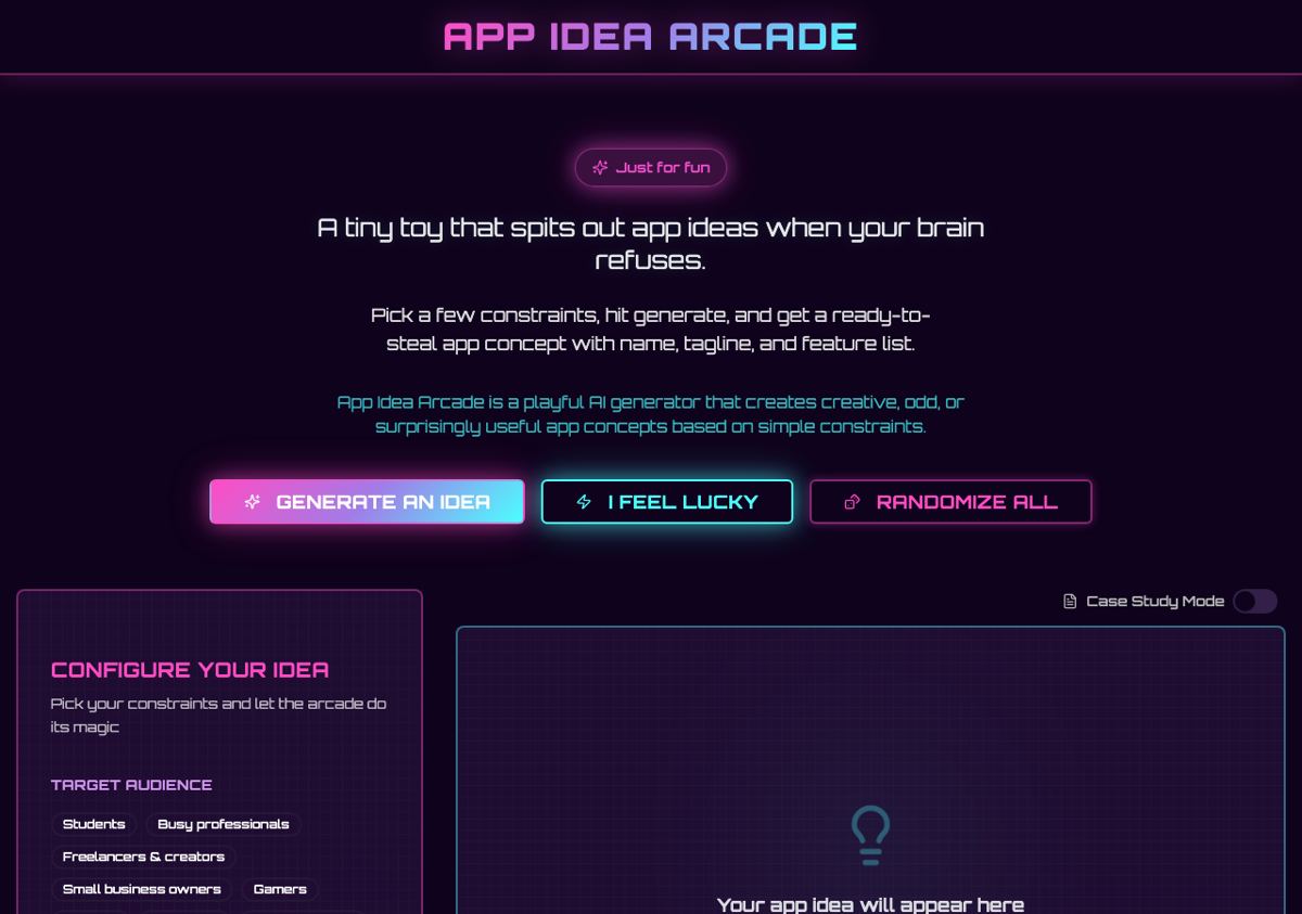 App Idea Arcade homepage showing the constraint picker for audience, category, complexity, and tone.
