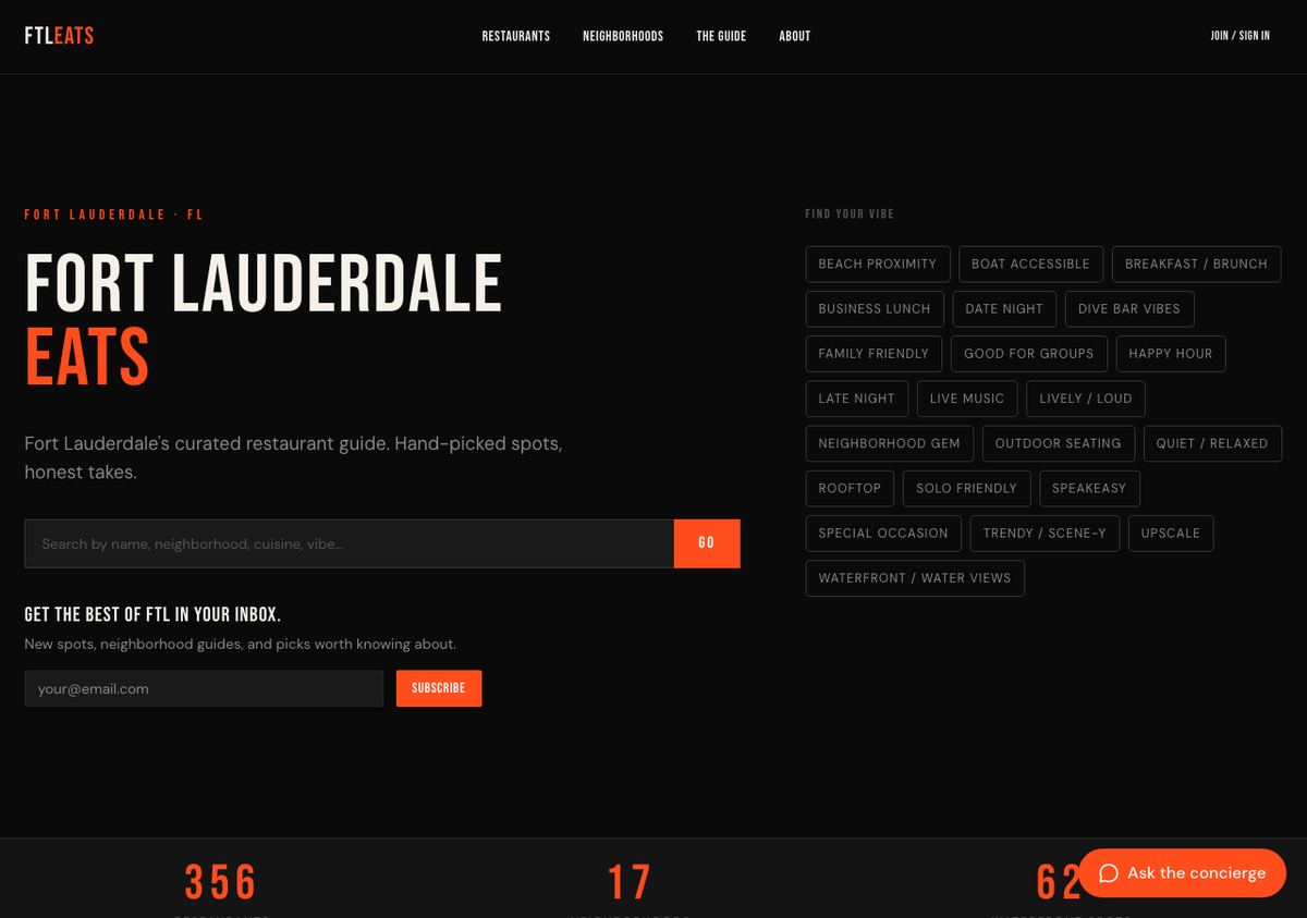 FTLeats homepage showing Fort Lauderdale restaurant coverage, vibe filters, and the AI concierge launcher.