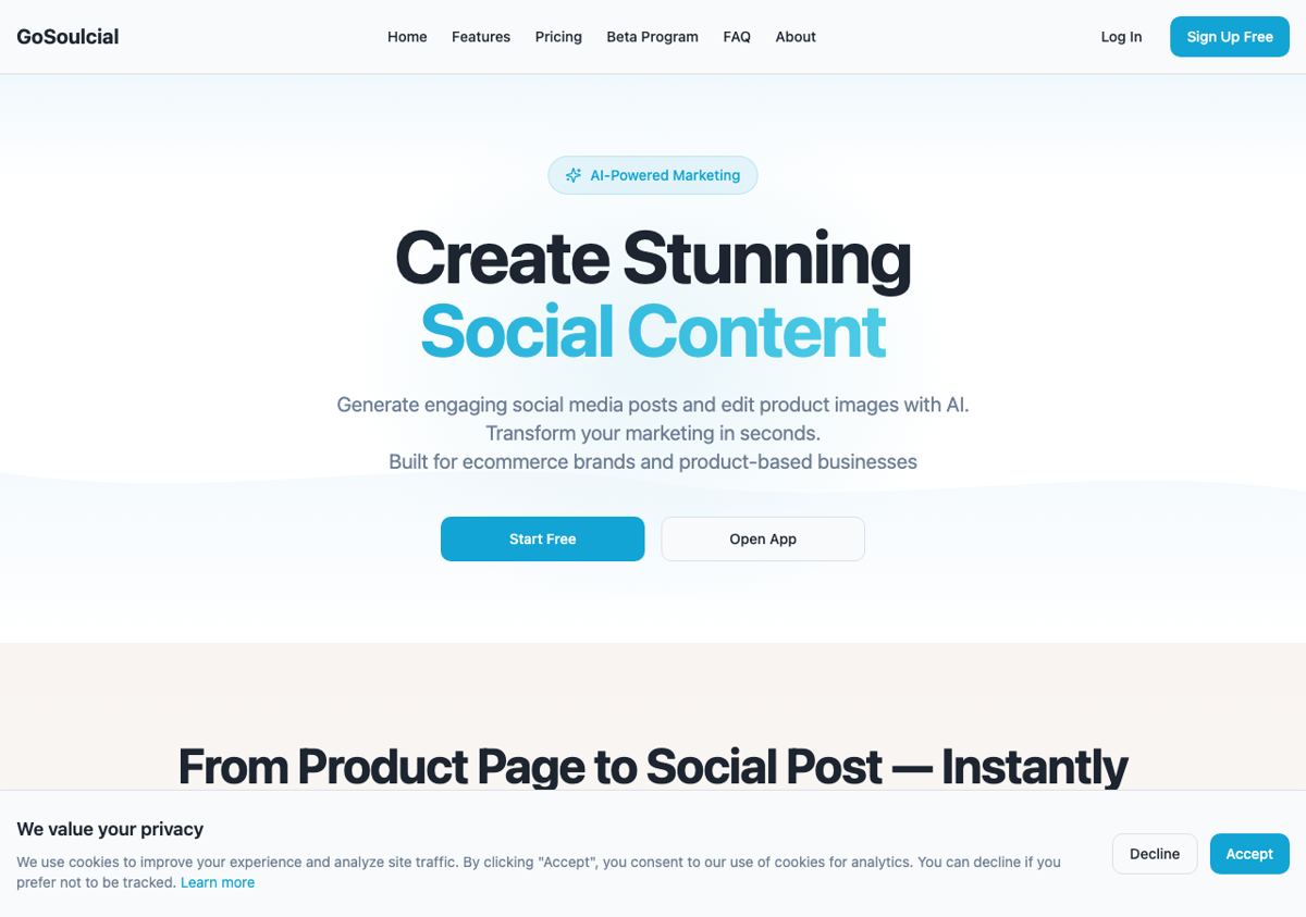 GoSoulcial homepage showing the product-URL-to-social-post flow and generated Instagram, TikTok, and Facebook posts.