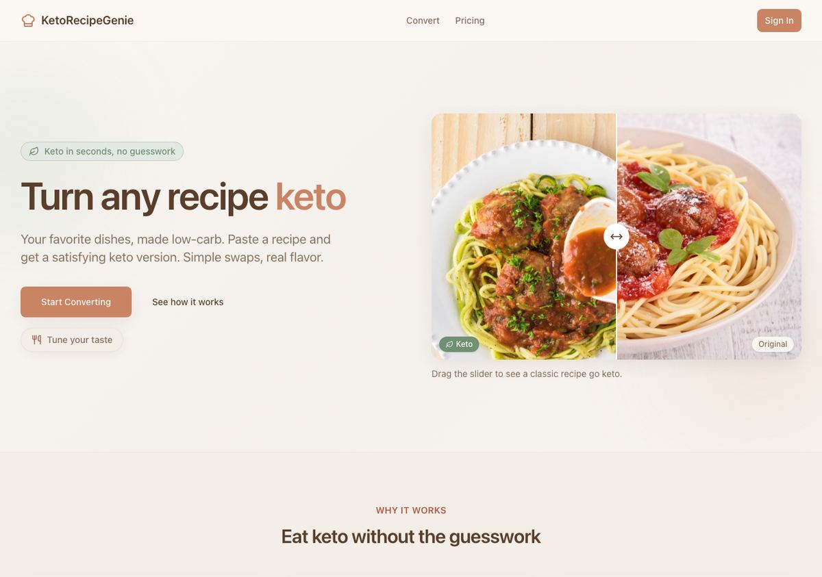 Keto Recipe Genie homepage showing a before-and-after slider between a regular pasta dish and its keto conversion.